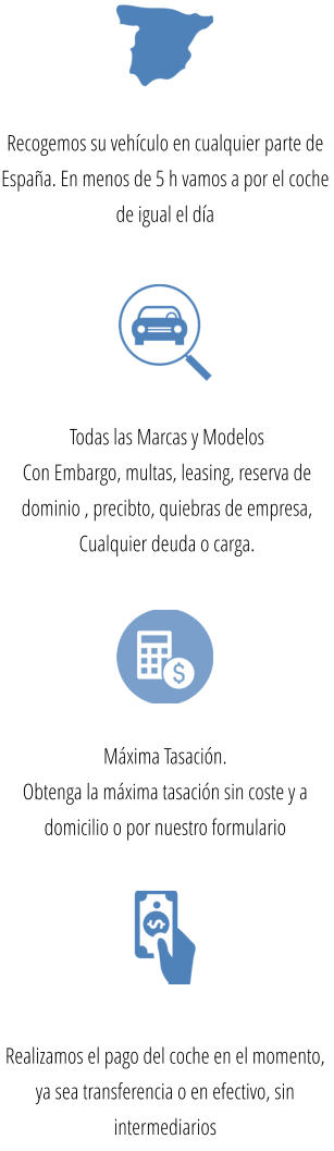 Recogemos su vehículo en cualquier parte de España. En menos de 5 h vamos a por el coche de igual el día Máxima Tasación. Obtenga la máxima tasación sin coste y a domicilio o por nuestro formulario Todas las Marcas y Modelos Con Embargo, multas, leasing, reserva de dominio , precibto, quiebras de empresa, Cualquier deuda o carga. Realizamos el pago del coche en el momento, ya sea transferencia o en efectivo, sin intermediarios